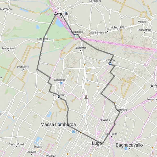 Zemljevid v pomanjšavi "Kolesarska pot Fusignano - Campotto" kolesarske inspiracije v Emilia-Romagna, Italy. Generirano z načrtovalcem kolesarskih poti Tarmacs.app