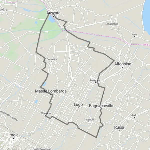 Miniatua del mapa de inspiración ciclista "Ruta de Bagnacavallo a Saiarino" en Emilia-Romagna, Italy. Generado por Tarmacs.app planificador de rutas ciclistas