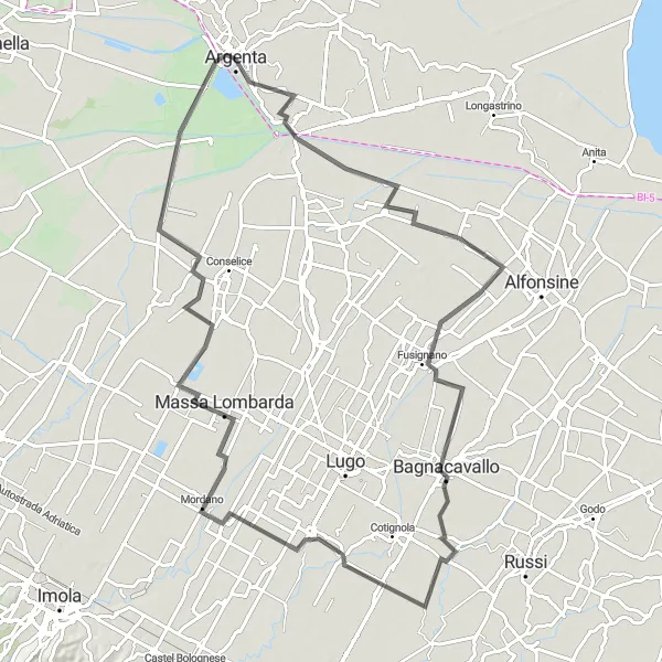 Karten-Miniaturansicht der Radinspiration "Eine Fahrt durch die Schönheit von Bagnacavallo und Massa Lombarda" in Emilia-Romagna, Italy. Erstellt vom Tarmacs.app-Routenplaner für Radtouren