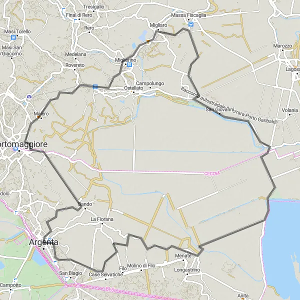 Miniatura della mappa di ispirazione al ciclismo "Tour delle Acque" nella regione di Emilia-Romagna, Italy. Generata da Tarmacs.app, pianificatore di rotte ciclistiche