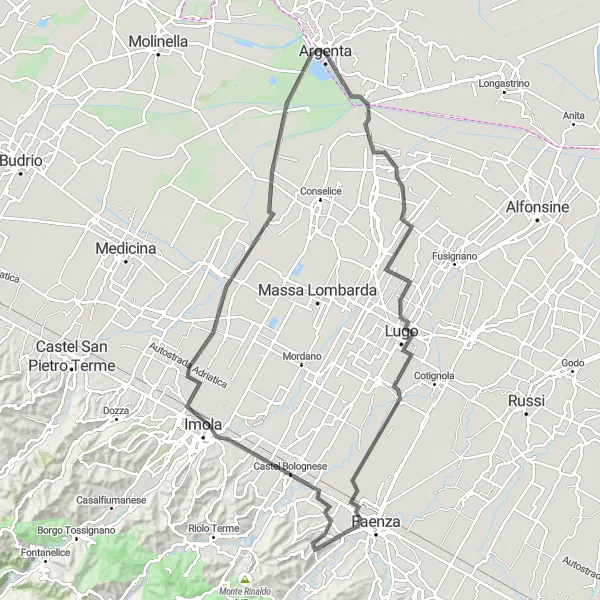 Miniatua del mapa de inspiración ciclista "Ruta en Carretera desde Argenta" en Emilia-Romagna, Italy. Generado por Tarmacs.app planificador de rutas ciclistas