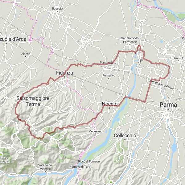 Miniatua del mapa de inspiración ciclista "Ruta de ciclismo de grava desde Baganzola" en Emilia-Romagna, Italy. Generado por Tarmacs.app planificador de rutas ciclistas