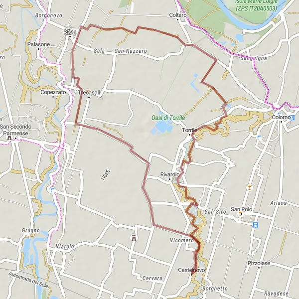 Miniaturní mapa "Gravelový okruh okolo Baganzoly" inspirace pro cyklisty v oblasti Emilia-Romagna, Italy. Vytvořeno pomocí plánovače tras Tarmacs.app