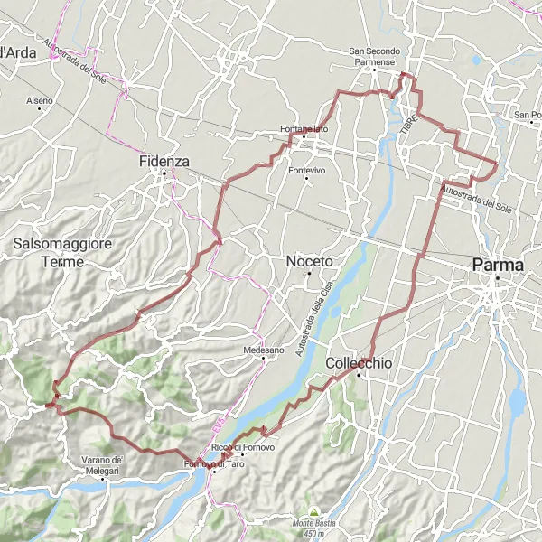 Miniatua del mapa de inspiración ciclista "Ruta de ciclismo de grava por Torrione di Baganzola, Collecchio, Castello di Roccalanzona, Monte Argento, Banzola, Borghetto, Castell'Aicardi y Castelnovo" en Emilia-Romagna, Italy. Generado por Tarmacs.app planificador de rutas ciclistas