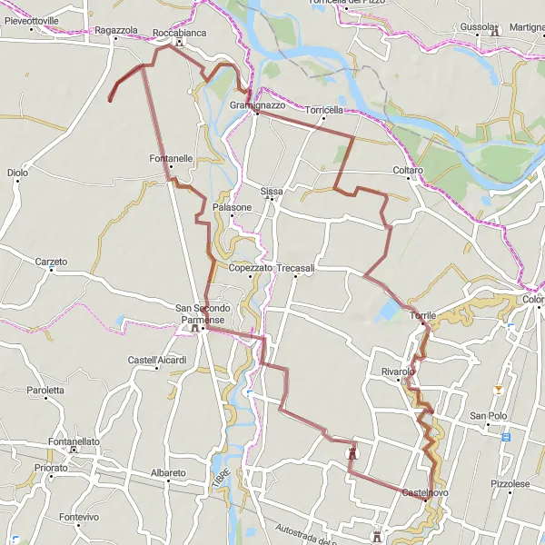 Miniaturní mapa "Gravelová trasa kolem Baganzola" inspirace pro cyklisty v oblasti Emilia-Romagna, Italy. Vytvořeno pomocí plánovače tras Tarmacs.app