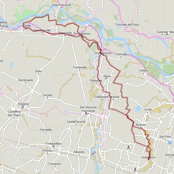 Map miniature of "Gravel Adventure to Zibello" cycling inspiration in Emilia-Romagna, Italy. Generated by Tarmacs.app cycling route planner