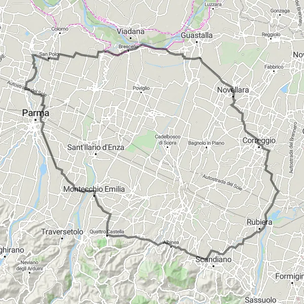 Map miniature of "Emilia-Romagna Countryside Loop" cycling inspiration in Emilia-Romagna, Italy. Generated by Tarmacs.app cycling route planner