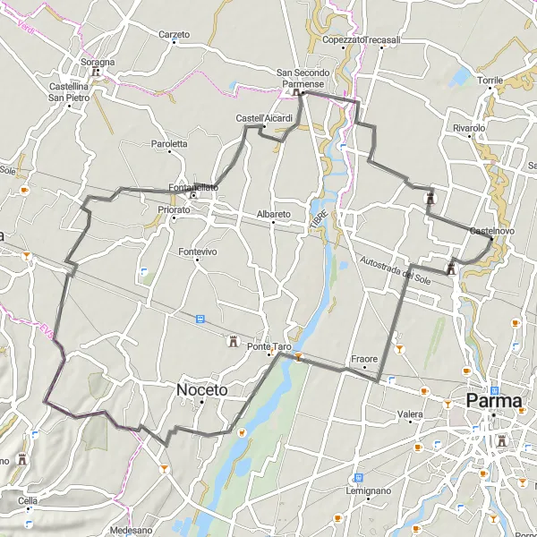 Map miniature of "Road Tour around Baganzola" cycling inspiration in Emilia-Romagna, Italy. Generated by Tarmacs.app cycling route planner