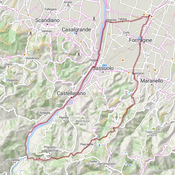 Mapa miniatúra "Gravelová cyklotrasa cez Formigine a Monte Branzola" cyklistická inšpirácia v Emilia-Romagna, Italy. Vygenerované cyklistickým plánovačom trás Tarmacs.app