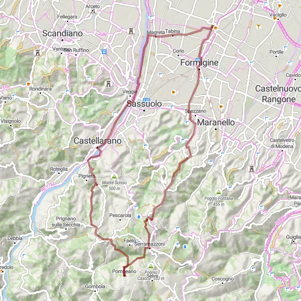 Kartminiatyr av "Gruskjøring til Formigine og Monte Branzola" sykkelinspirasjon i Emilia-Romagna, Italy. Generert av Tarmacs.app sykkelrutoplanlegger