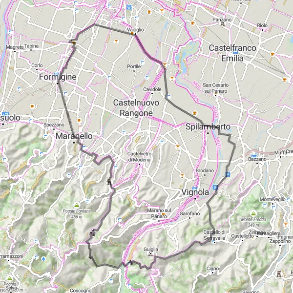 Mapa miniatúra "Okružná cyklotrasa cez Maranello a Castello di Levizzano Rangone" cyklistická inšpirácia v Emilia-Romagna, Italy. Vygenerované cyklistickým plánovačom trás Tarmacs.app