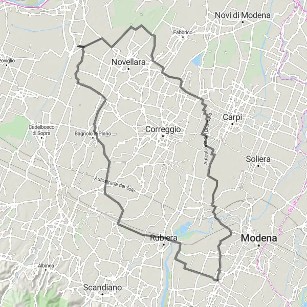 Miniatua del mapa de inspiración ciclista "Ruta de Baggiovara a Migliarina" en Emilia-Romagna, Italy. Generado por Tarmacs.app planificador de rutas ciclistas