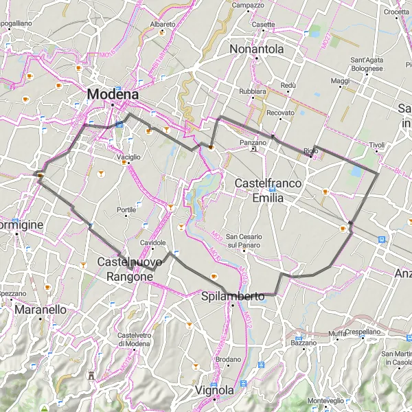 Miniaturní mapa "Okružní cyklistická trasa kolem Baggiovary" inspirace pro cyklisty v oblasti Emilia-Romagna, Italy. Vytvořeno pomocí plánovače tras Tarmacs.app