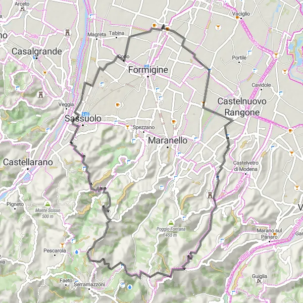 Kartminiatyr av "Rundtur til Montale Rangone og Monte Calvario" sykkelinspirasjon i Emilia-Romagna, Italy. Generert av Tarmacs.app sykkelrutoplanlegger