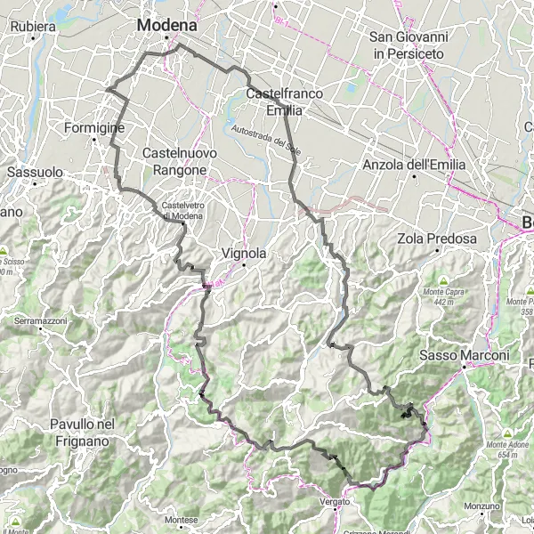 Miniatua del mapa de inspiración ciclista "Ruta de Carretera Rocca dei Bentivoglio" en Emilia-Romagna, Italy. Generado por Tarmacs.app planificador de rutas ciclistas