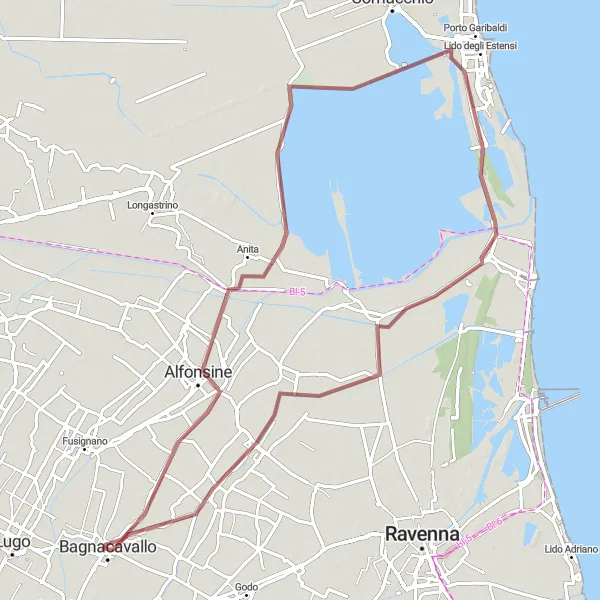 Miniature de la carte de l'inspiration cycliste "Aventure Gravel autour de Bagnacavallo" dans la Emilia-Romagna, Italy. Générée par le planificateur d'itinéraire cycliste Tarmacs.app