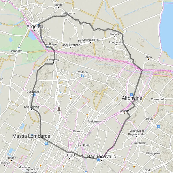 Mapa miniatúra "Výlet okolo Bagnacavallo a Argenty" cyklistická inšpirácia v Emilia-Romagna, Italy. Vygenerované cyklistickým plánovačom trás Tarmacs.app