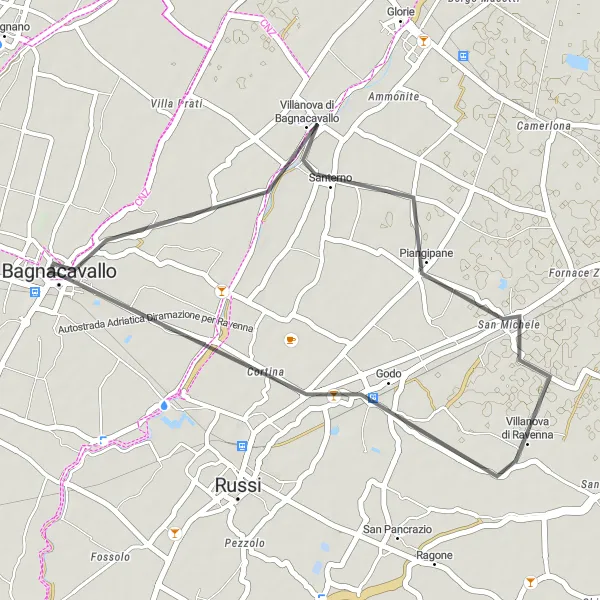 Mapa miniatúra "Krátka trasa od Bagnacavalla do Goda" cyklistická inšpirácia v Emilia-Romagna, Italy. Vygenerované cyklistickým plánovačom trás Tarmacs.app