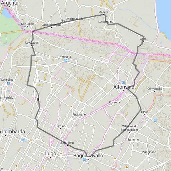 Mapa miniatúra "Cyklistický okruh cez vidiecke oblasti" cyklistická inšpirácia v Emilia-Romagna, Italy. Vygenerované cyklistickým plánovačom trás Tarmacs.app