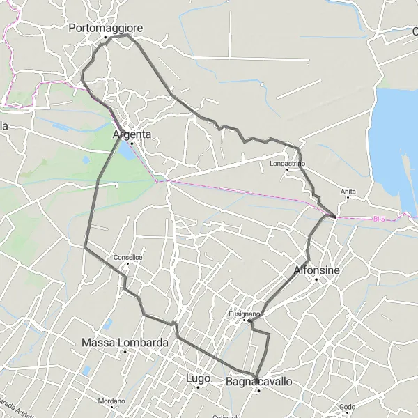 Mapa miniatúra "Okruh cez Argentu a Piazza Nuova" cyklistická inšpirácia v Emilia-Romagna, Italy. Vygenerované cyklistickým plánovačom trás Tarmacs.app