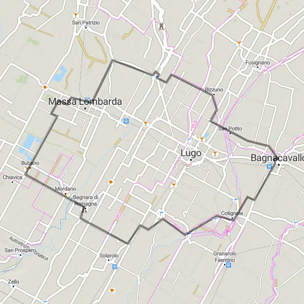 Miniatua del mapa de inspiración ciclista "Ruta de Bagnacavallo a Massa Lombarda" en Emilia-Romagna, Italy. Generado por Tarmacs.app planificador de rutas ciclistas