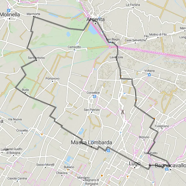 Miniatuurkaart van de fietsinspiratie "Fietstocht van Bagnacavallo naar Massa Lombarda en Fusignano" in Emilia-Romagna, Italy. Gemaakt door de Tarmacs.app fietsrouteplanner