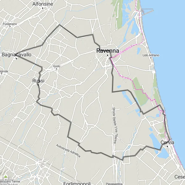 Miniatua del mapa de inspiración ciclista "Ruta por el Delta del Po y la Costa de Emilia" en Emilia-Romagna, Italy. Generado por Tarmacs.app planificador de rutas ciclistas