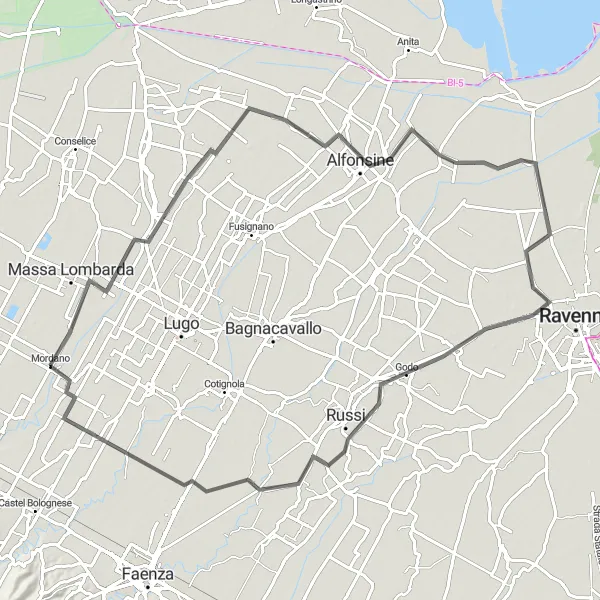 Mapa miniatúra "Cyklotrasa cez Alfonsine a Godo" cyklistická inšpirácia v Emilia-Romagna, Italy. Vygenerované cyklistickým plánovačom trás Tarmacs.app