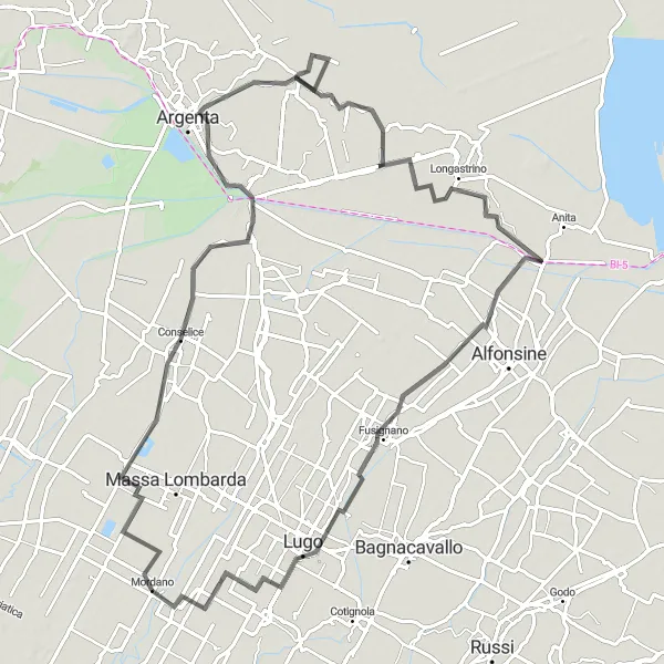 Map miniature of "Bagnara di Romagna to Lugo" cycling inspiration in Emilia-Romagna, Italy. Generated by Tarmacs.app cycling route planner