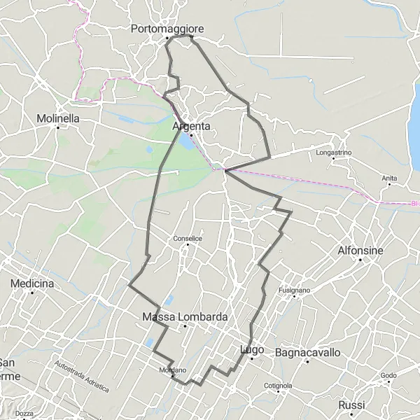 Zemljevid v pomanjšavi "Kolesarska pot do Argenta, Portomaggiore in Lugo" kolesarske inspiracije v Emilia-Romagna, Italy. Generirano z načrtovalcem kolesarskih poti Tarmacs.app