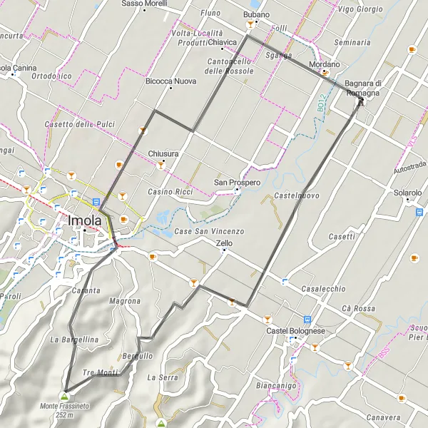 Map miniature of "Rocca di Bagnara Express" cycling inspiration in Emilia-Romagna, Italy. Generated by Tarmacs.app cycling route planner