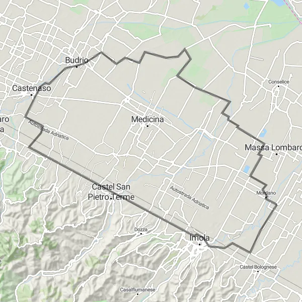 Map miniature of "Scenic Loop to Castel San Pietro Terme" cycling inspiration in Emilia-Romagna, Italy. Generated by Tarmacs.app cycling route planner