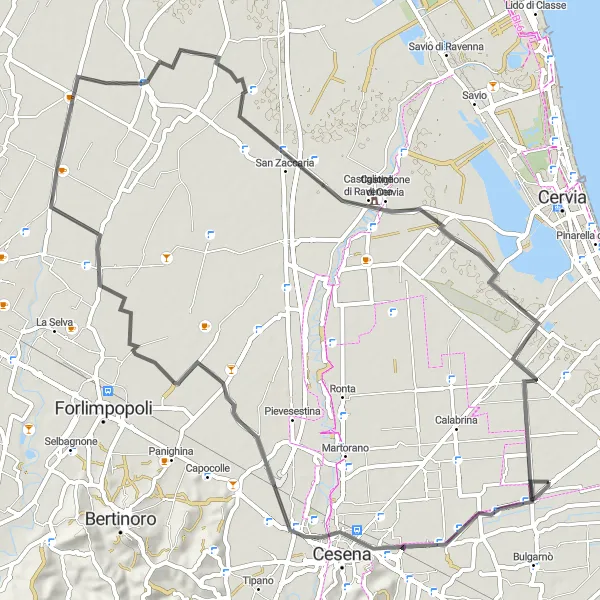 Map miniature of "Torre del Moro Road Loop" cycling inspiration in Emilia-Romagna, Italy. Generated by Tarmacs.app cycling route planner