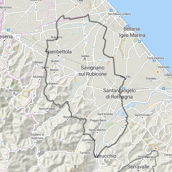 Miniatua del mapa de inspiración ciclista "Ruta en Carretera a Borghi" en Emilia-Romagna, Italy. Generado por Tarmacs.app planificador de rutas ciclistas