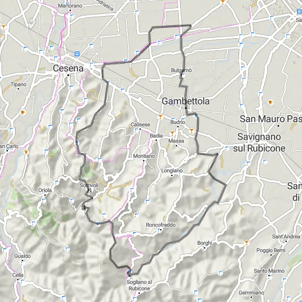 Kartminiatyr av "Bagnarola - Felloniche - Sorrivoli - San Tomaso - Ponte Pietra Tur" sykkelinspirasjon i Emilia-Romagna, Italy. Generert av Tarmacs.app sykkelrutoplanlegger