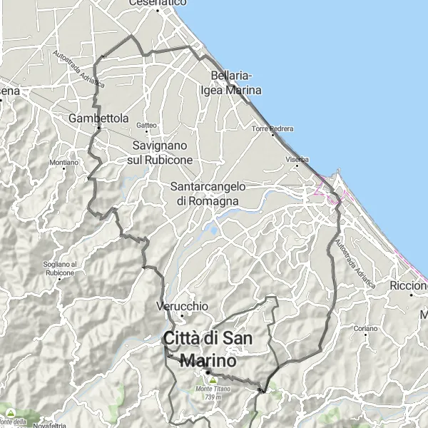 Miniaturní mapa "Cyklostezka Torre Saracena" inspirace pro cyklisty v oblasti Emilia-Romagna, Italy. Vytvořeno pomocí plánovače tras Tarmacs.app