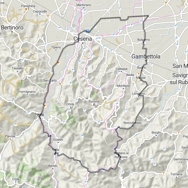 Miniaturní mapa "Kolo kolem Monte Curto" inspirace pro cyklisty v oblasti Emilia-Romagna, Italy. Vytvořeno pomocí plánovače tras Tarmacs.app