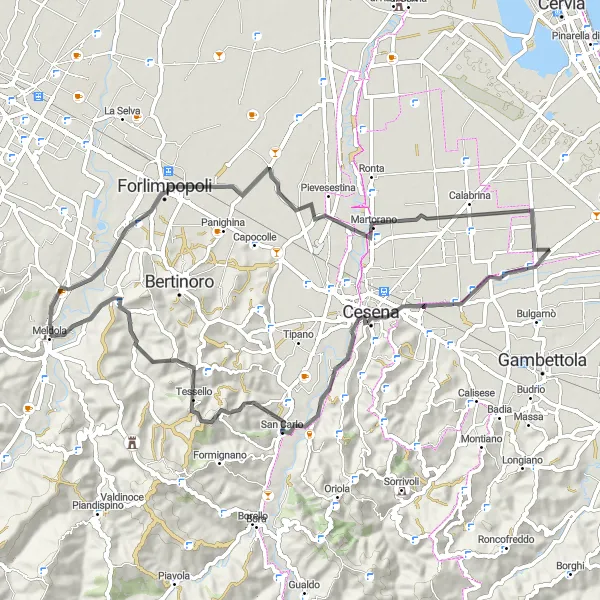 Zemljevid v pomanjšavi "Krožna kolesarska pot do Rocca di Forlimpopoli" kolesarske inspiracije v Emilia-Romagna, Italy. Generirano z načrtovalcem kolesarskih poti Tarmacs.app