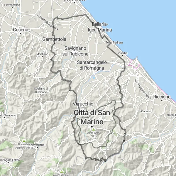 Kartminiatyr av "Monte San Paolo Challenge" cykelinspiration i Emilia-Romagna, Italy. Genererad av Tarmacs.app cykelruttplanerare
