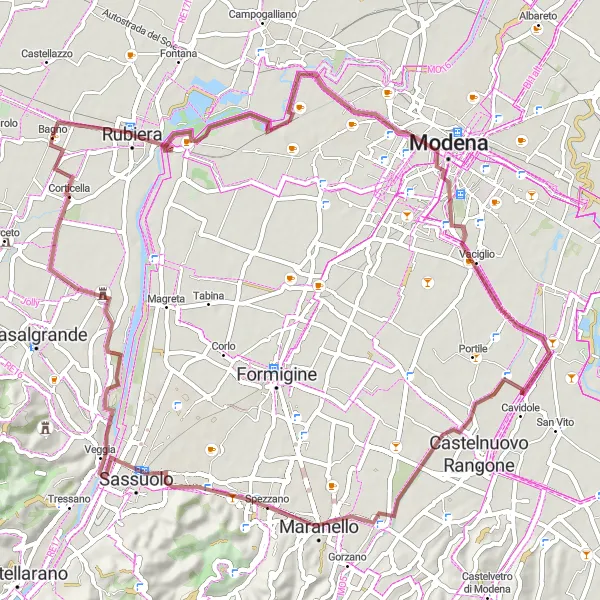 Miniatura della mappa di ispirazione al ciclismo "Percorso in bicicletta su strade sterrate attraverso Modena" nella regione di Emilia-Romagna, Italy. Generata da Tarmacs.app, pianificatore di rotte ciclistiche