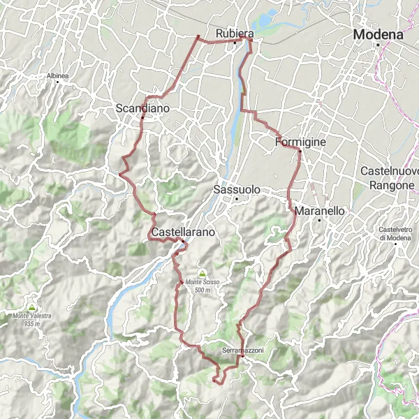 Kartminiatyr av "Grusvei gjennom Pigneto og Tre Croci" sykkelinspirasjon i Emilia-Romagna, Italy. Generert av Tarmacs.app sykkelrutoplanlegger