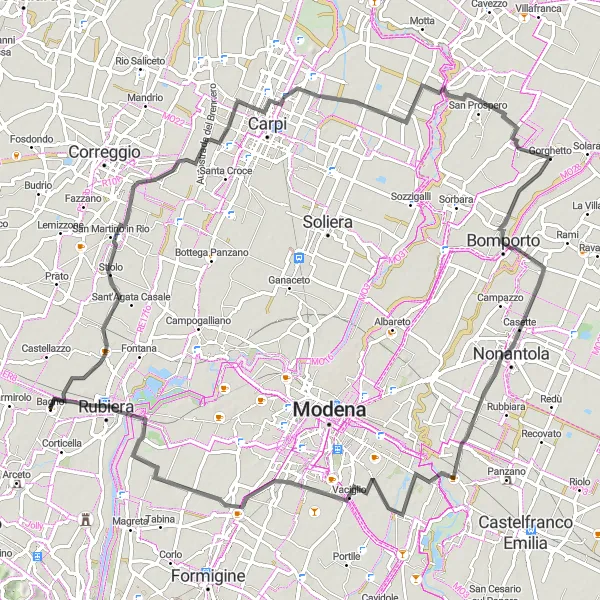 Mapa miniatúra "Cyklotrasa cez Stiolo a Bomporto" cyklistická inšpirácia v Emilia-Romagna, Italy. Vygenerované cyklistickým plánovačom trás Tarmacs.app