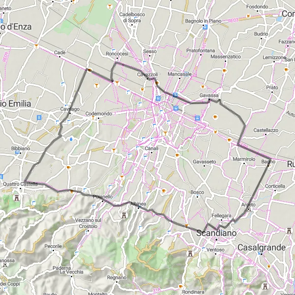 Miniaturekort af cykelinspirationen "Den naturskønne vejcykelrute" i Emilia-Romagna, Italy. Genereret af Tarmacs.app cykelruteplanlægger