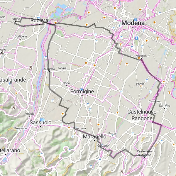 Miniatura della mappa di ispirazione al ciclismo "Giro in bici panoramico attraverso Maranello" nella regione di Emilia-Romagna, Italy. Generata da Tarmacs.app, pianificatore di rotte ciclistiche