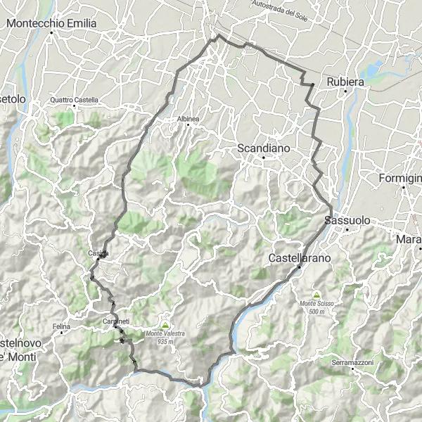 Map miniature of "Dinazzano to Baragalla" cycling inspiration in Emilia-Romagna, Italy. Generated by Tarmacs.app cycling route planner