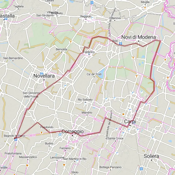 Miniatura della mappa di ispirazione al ciclismo "Percorso in bicicletta in bicicletta su sterrato: Campagnola Emilia a Correggio" nella regione di Emilia-Romagna, Italy. Generata da Tarmacs.app, pianificatore di rotte ciclistiche