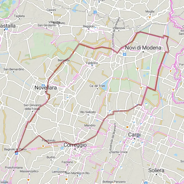 Karten-Miniaturansicht der Radinspiration "Radtour in die Natur um Novellara" in Emilia-Romagna, Italy. Erstellt vom Tarmacs.app-Routenplaner für Radtouren