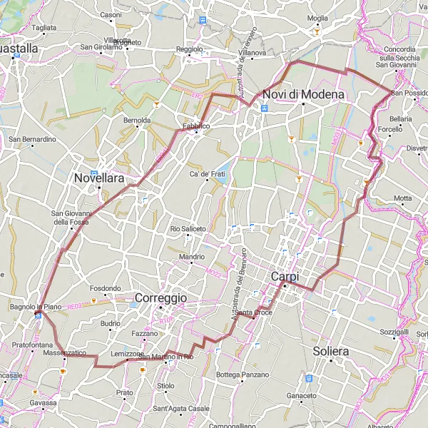 Zemljevid v pomanjšavi "Gravel krožna pot skozi podeželske vasi Emilia-Romagne" kolesarske inspiracije v Emilia-Romagna, Italy. Generirano z načrtovalcem kolesarskih poti Tarmacs.app