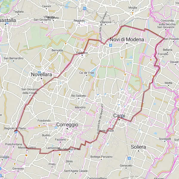 Miniatura della mappa di ispirazione al ciclismo "Percorso in bicicletta su sterrato da Campagnola Emilia a Massenzatico" nella regione di Emilia-Romagna, Italy. Generata da Tarmacs.app, pianificatore di rotte ciclistiche