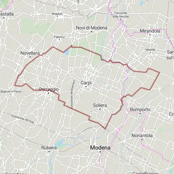 Miniaturní mapa "Gravelová trasa Campagnola Emilia - Correggio" inspirace pro cyklisty v oblasti Emilia-Romagna, Italy. Vytvořeno pomocí plánovače tras Tarmacs.app